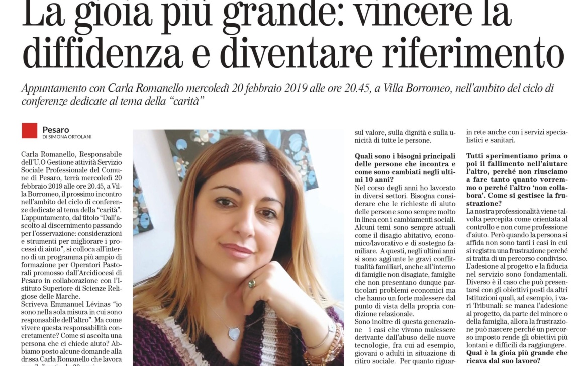 Mercoledì 20 febbraio 2019, ore 20.45, incontro con la dr.ssa Carla Romanello